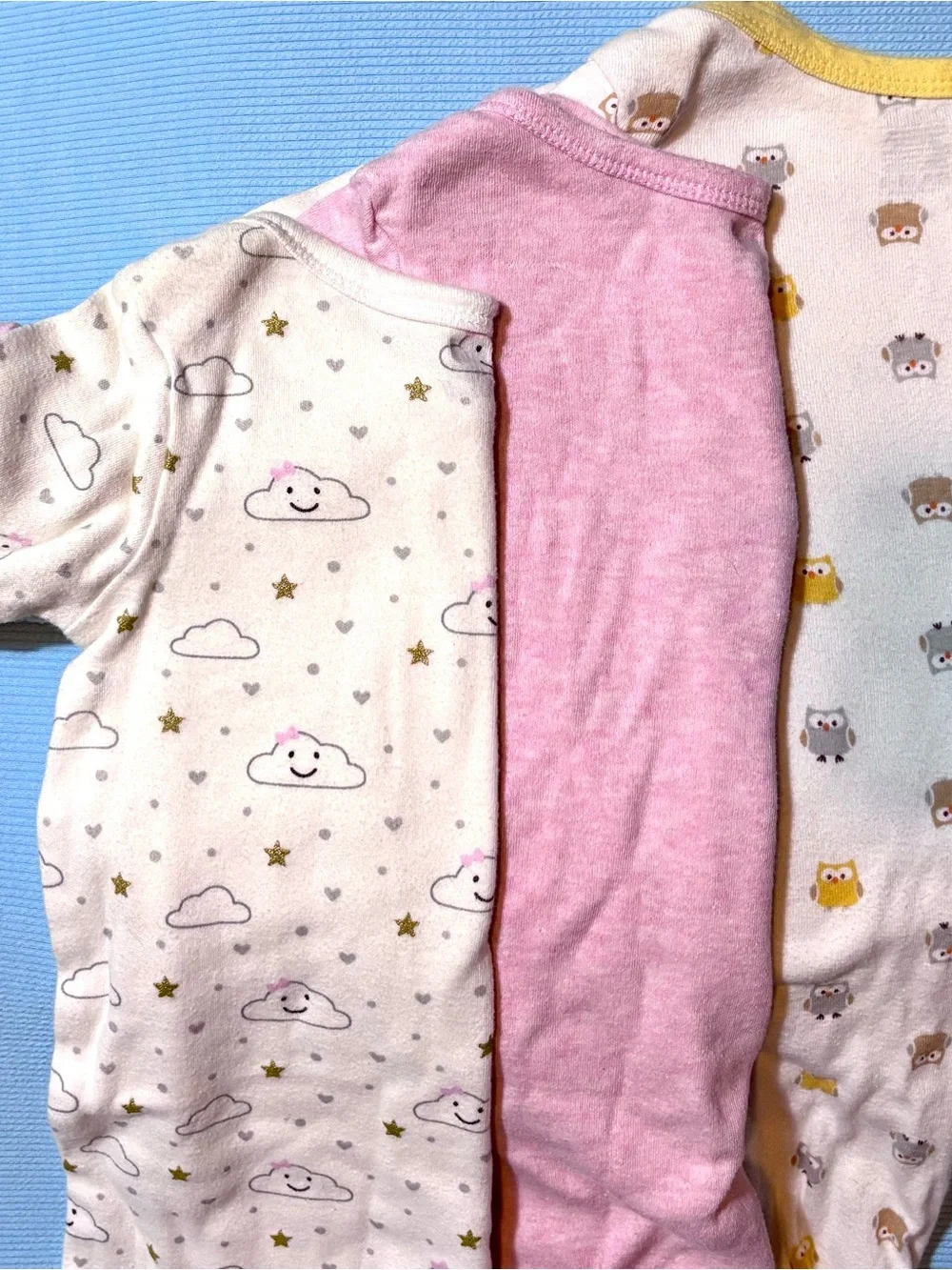 3-Piece Baby Gown Set with Cloud & Owl Prints - Pink, Cream, Yellow